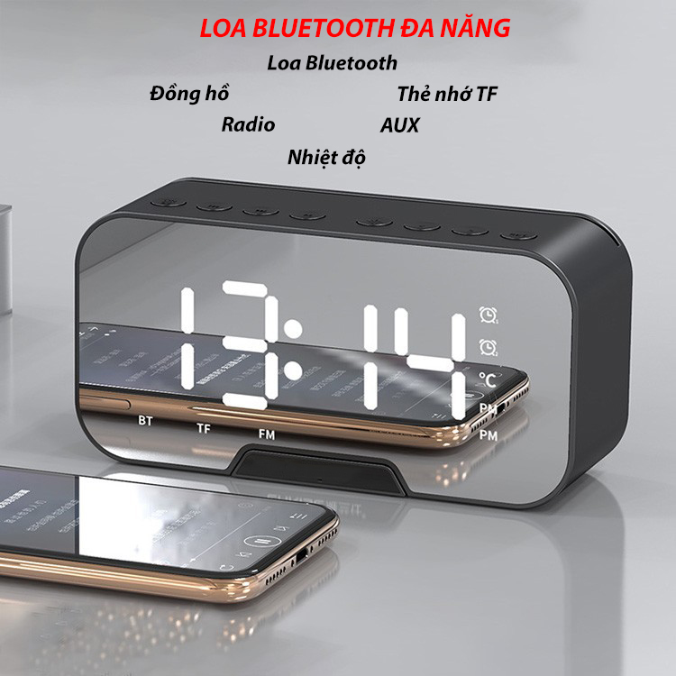 Loa Bluetooth di động có mặt gương tích hợp đồng hồ báo thức