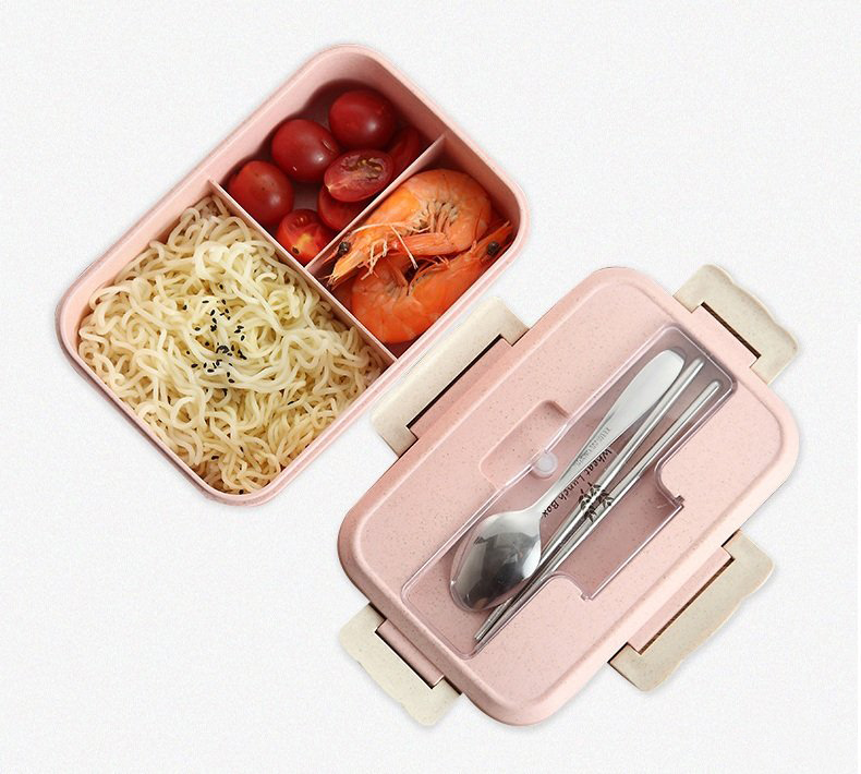 Hộp Đựng Cơm Lúa Mạch 1 Tầng 3 Ngăn Kèm Đũa Và Thìa Inox
