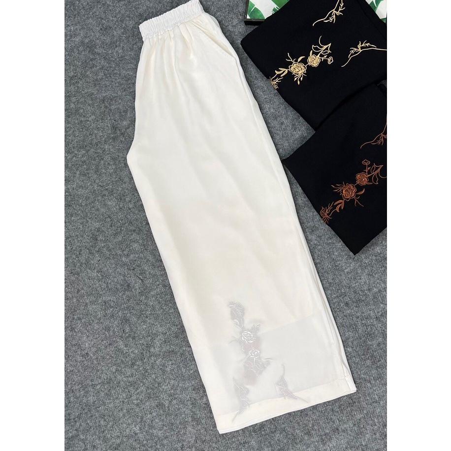 Quần Trung Niên Dáng Suông Cho Mẹ,  Mẫu Quần Dài Nữ Thêu Hoa Trung Niên Ống Rộng Thoải Mái