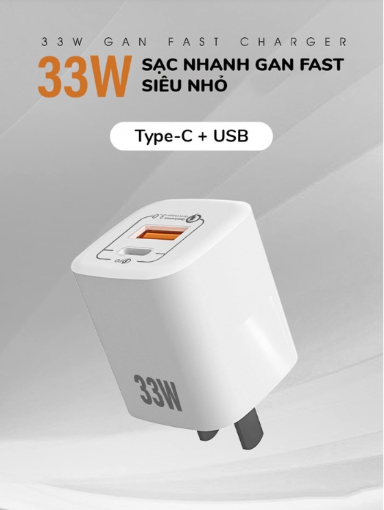 Cốc hỗ trợ sạc nhanh Gan 33W RY-U33 sạc 1 lúc 2 thiết bị (USB + TypeC)
