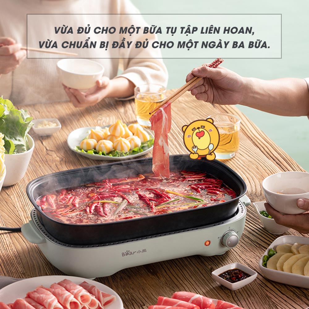 Bếp Lẩu Nướng 3In1 Đa Năng Tiện Lợi Màu Xanh Bear + TẶNG GIẮC CHUYỂN ĐỔI 3 CHẤU THÀNH 2 - Hàng Nhập Khẩu