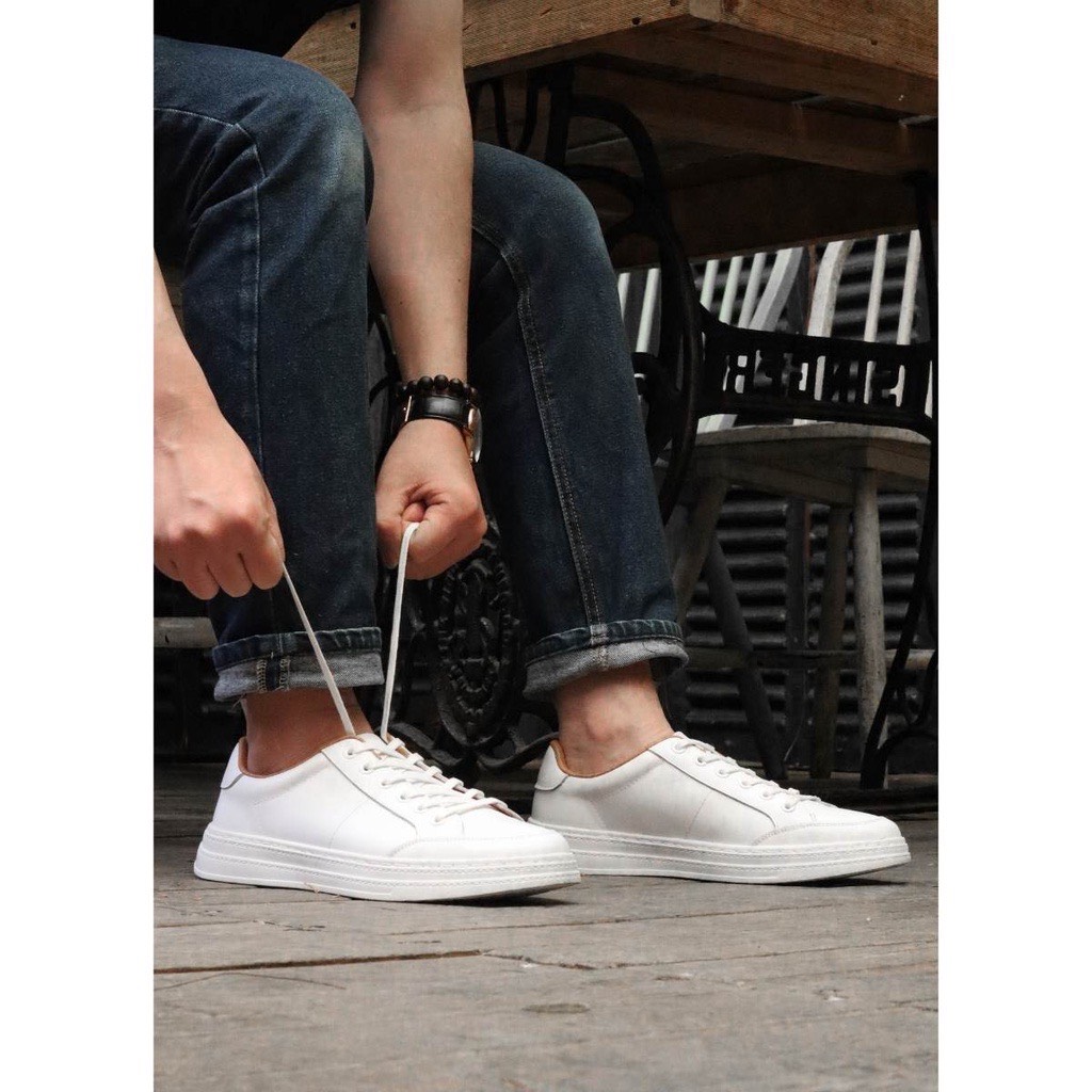 Giày Thể Thao White Sneaker da bò thật, đế khâu cao 3,5cm, dễ phối đồ - BH 1 năm