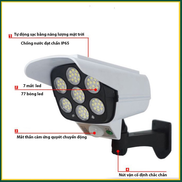 Đèn Năng Lượng Mặt Trời Giả Camera 77 Led Chống Trộm - Chống Nước - Có Điều Khiển Cảm Biến - Tiết Kiệm Điện