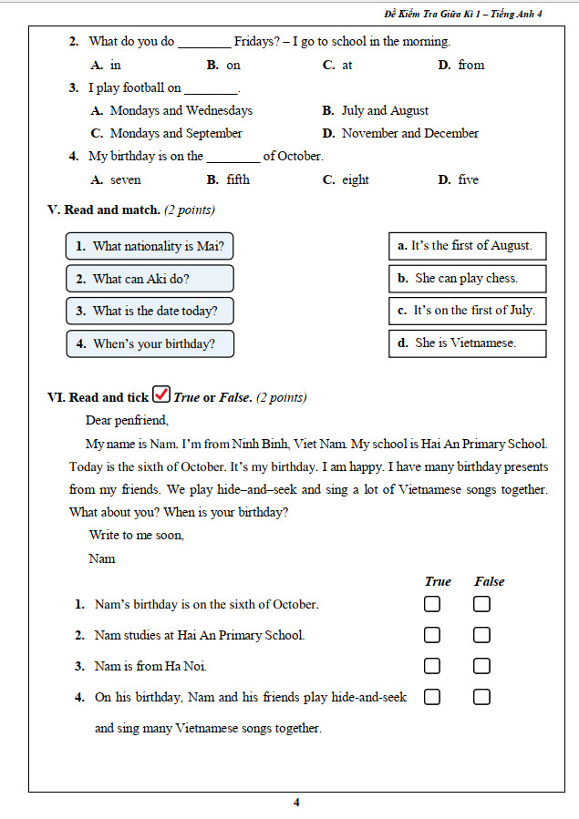 Đề Kiểm Tra Tiếng Anh 4 - Tập 1