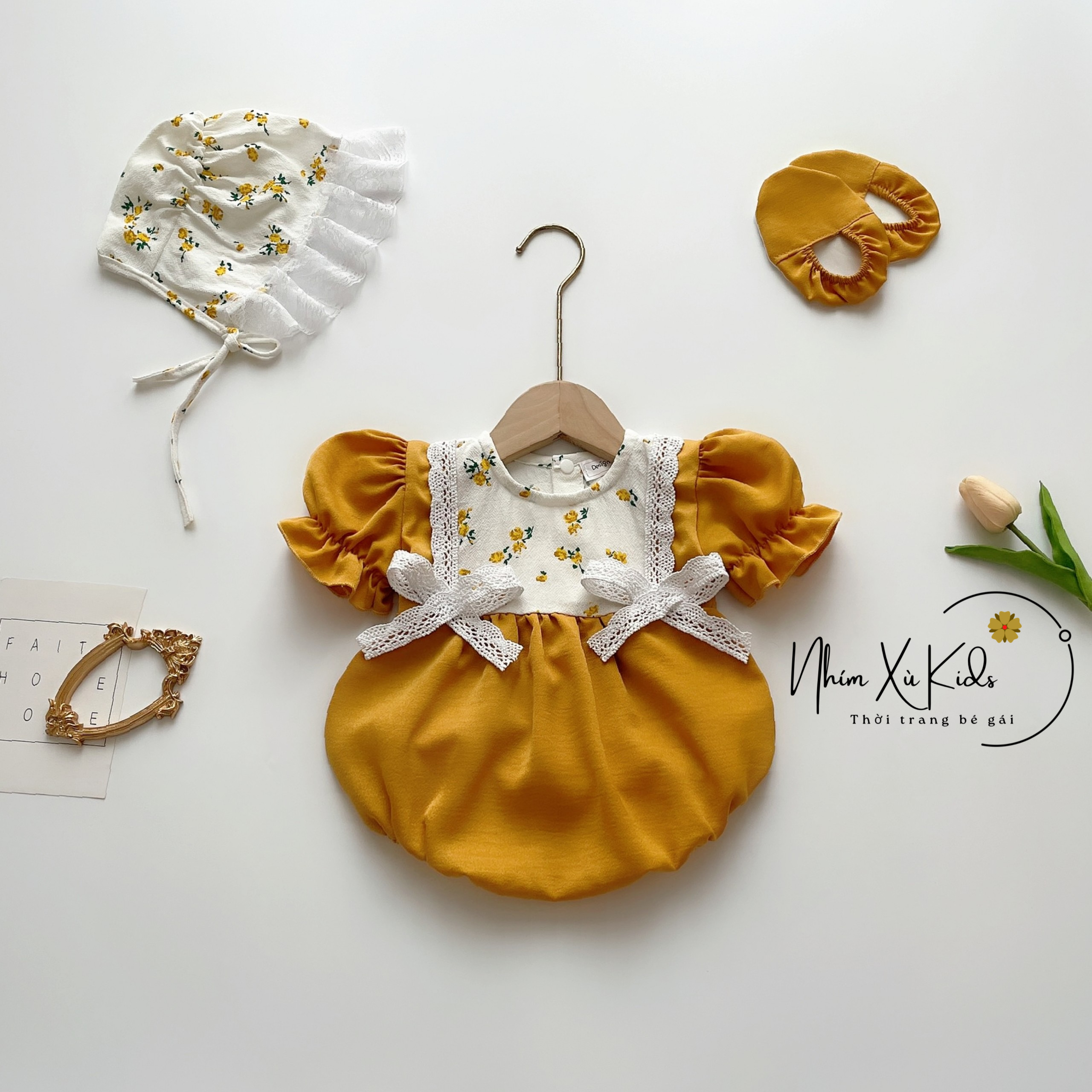 Body Lụa Vàng NHÍM XÙ KIDS Cho Bé Gái Sơ Sinh, Đầy Tháng, Thôi Nôi A425