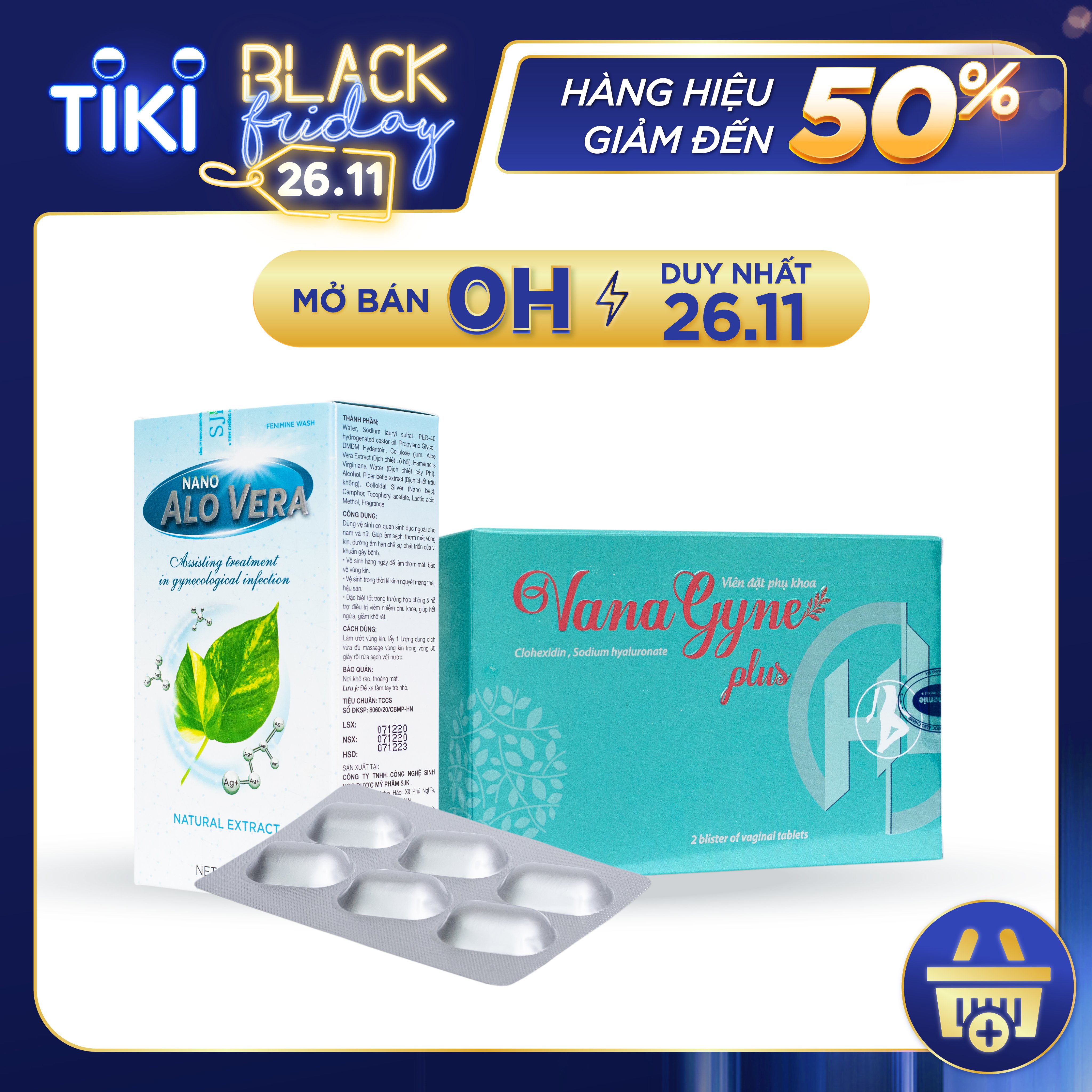 (Tặng Gel rửa tay) Combo Phụ Khoa Viên Đặt Phụ Khoa VanaGyne PLus (12 viên) + Dung Dịch Vệ Sinh Nano AloVera Chai Lớn (150ml)