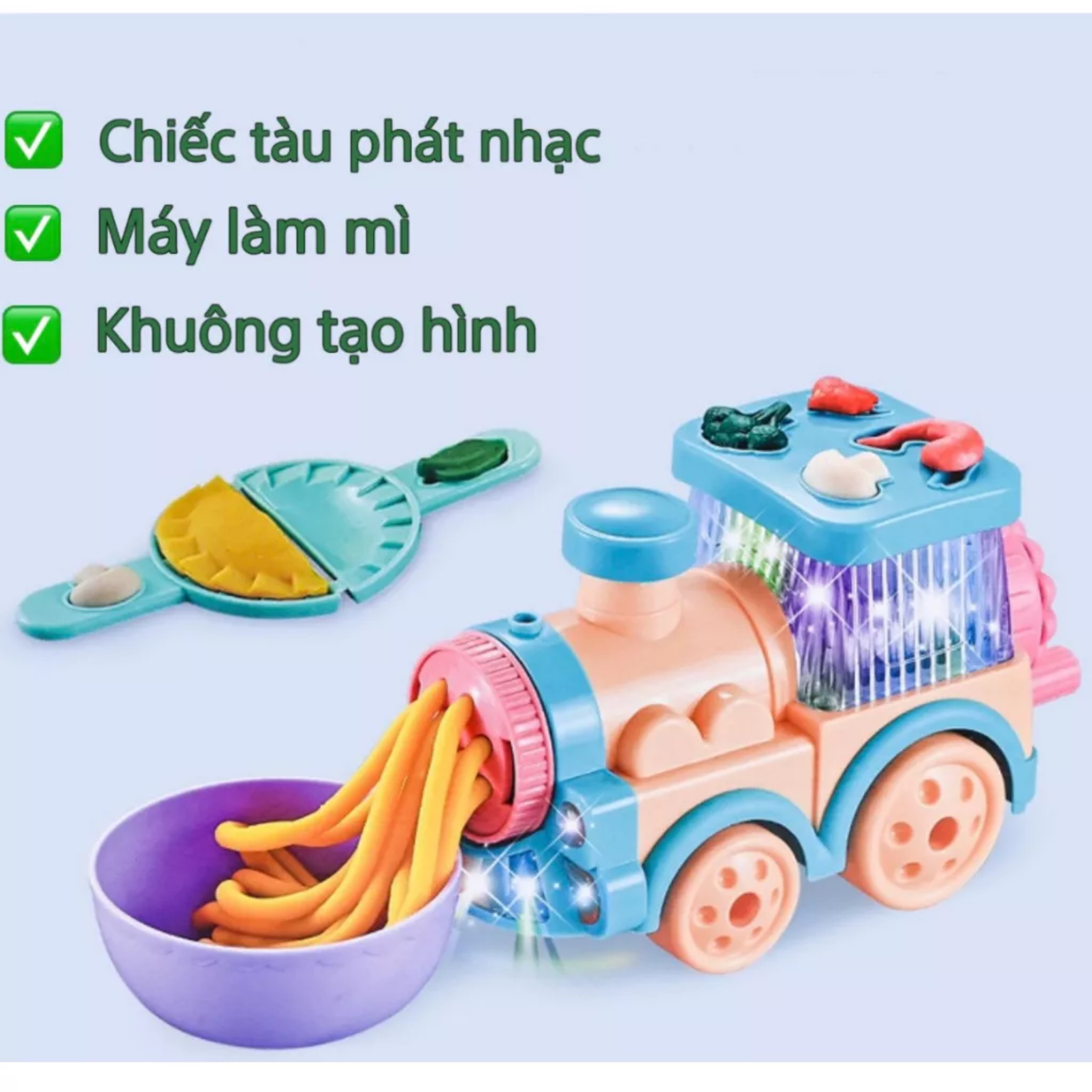 Đồ Chơi Tàu Hỏa Chạy Pin Nhạc Đèn Làm Đồ Ăn Kèm Khuôn Cho Bé