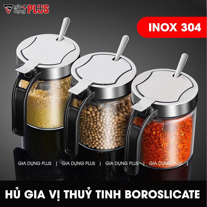 Lọ đựng gia vị thuỷ tinh boroslicate nắp bật bằng inox sus 304 cao cấp (+tặng kèm thìa inox 304