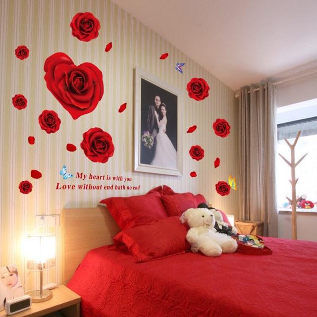 Decal dán tường hoa hồng đỏ 3D