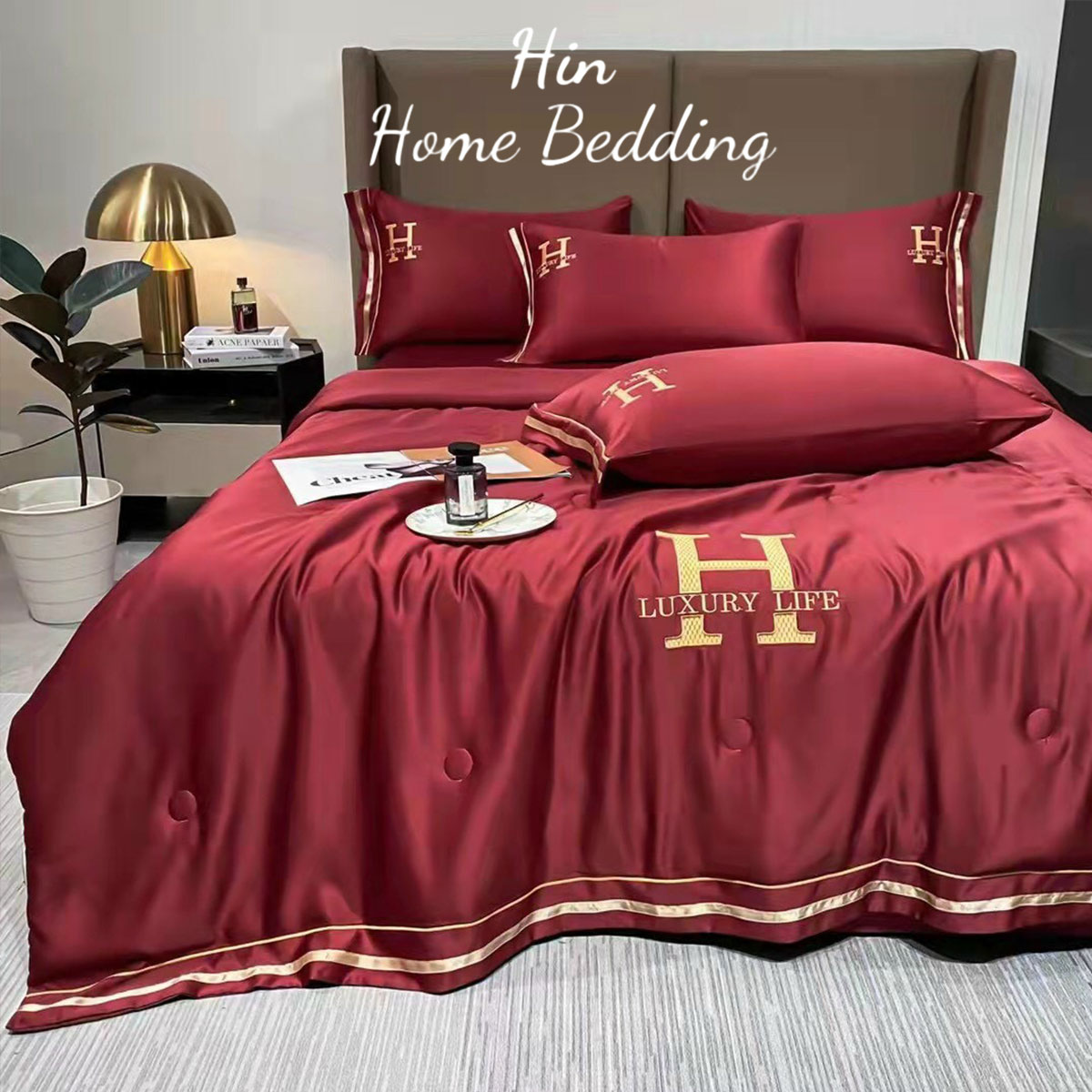 Bộ Chăn Ga Gối Đệm 5 Món Chăn Phao Lụa Thái Hin Home Bedding Drap Giường Lụa Mẫu Đỏ