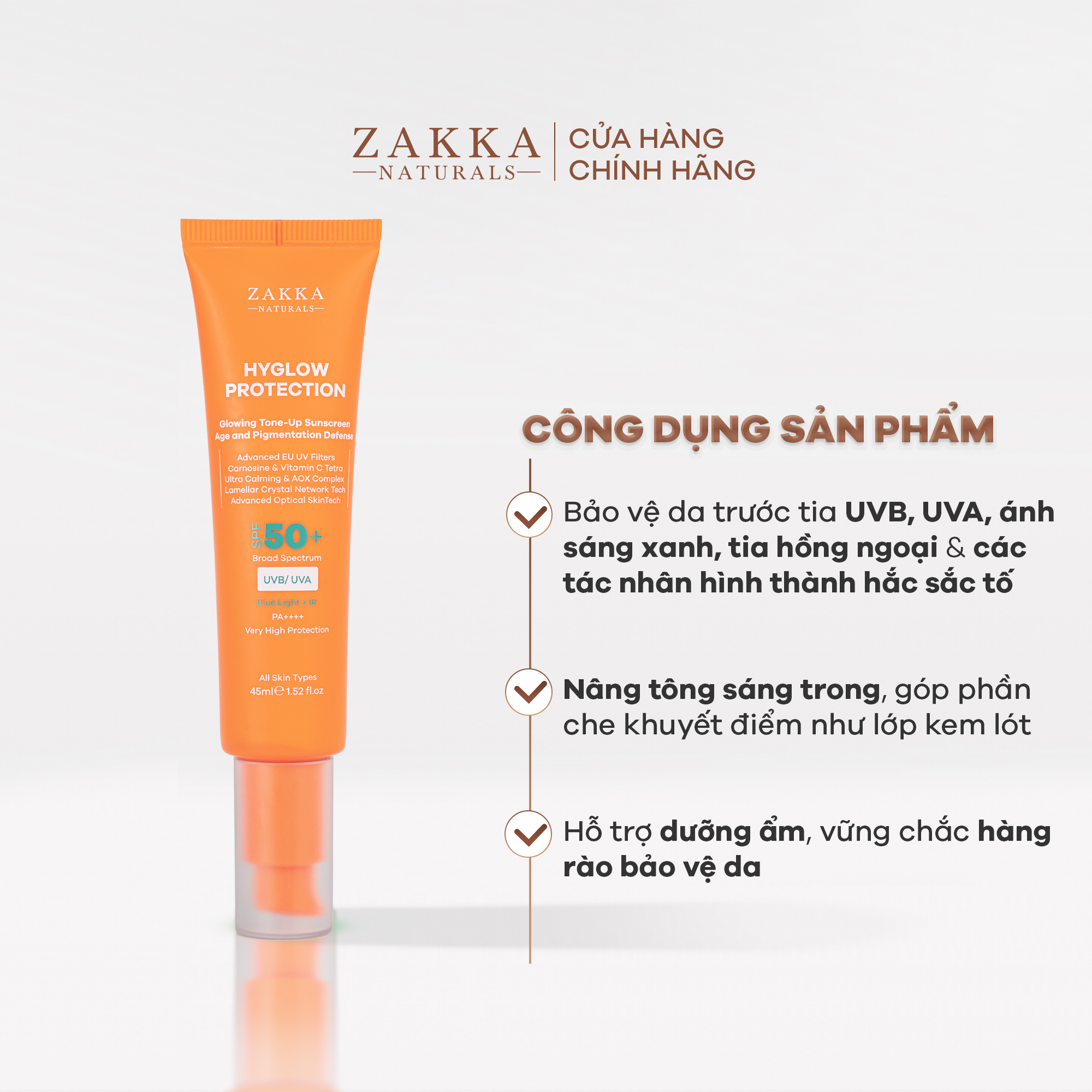 Kem chống nắng phổ rộng Hyglow Protection Zakka Naturals nâng tông sáng da 45ml