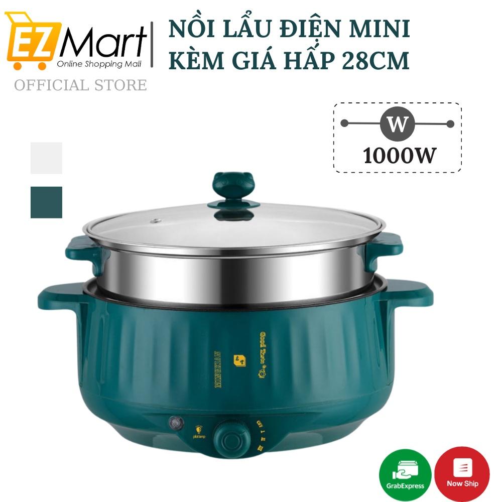 Nồi Lẩu Điện Mini 28cm Có Núm Xoay 3 Nấc Nhiệt, Công Suất 1000W, Giá Hấp INOX, Nồi Vân Đá Chống Dính Chiên Sào Tiện Lợi