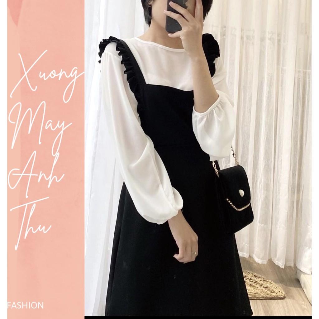 Set váy yếm chun eo kèm áo tay phồng nữ Bộ đồ đầm 2 dây bản to và thun trắng bánh bèo hot girl ulzzang ĐẸP