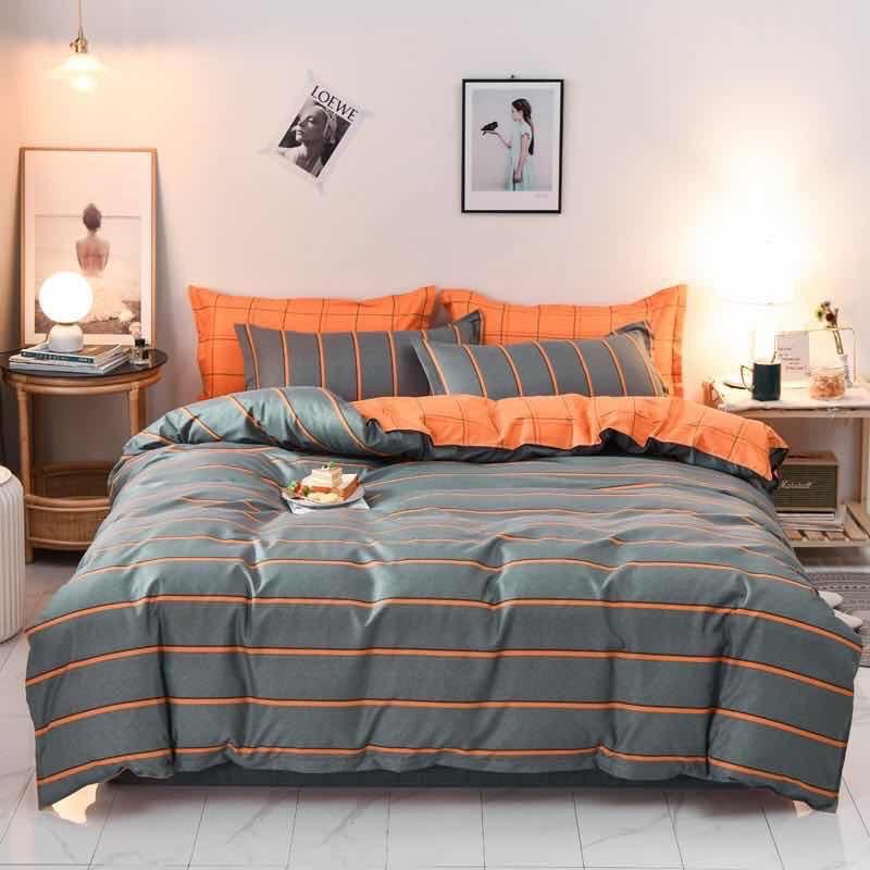 Bộ chăn ga gối phong cách Hàn Quốc kẻ ngang cam bo chun đủ kích thước