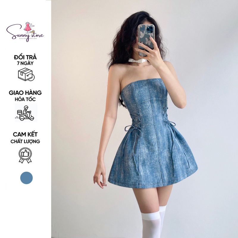 Đầm jean cúp ngực dáng xòe có khóa kéo