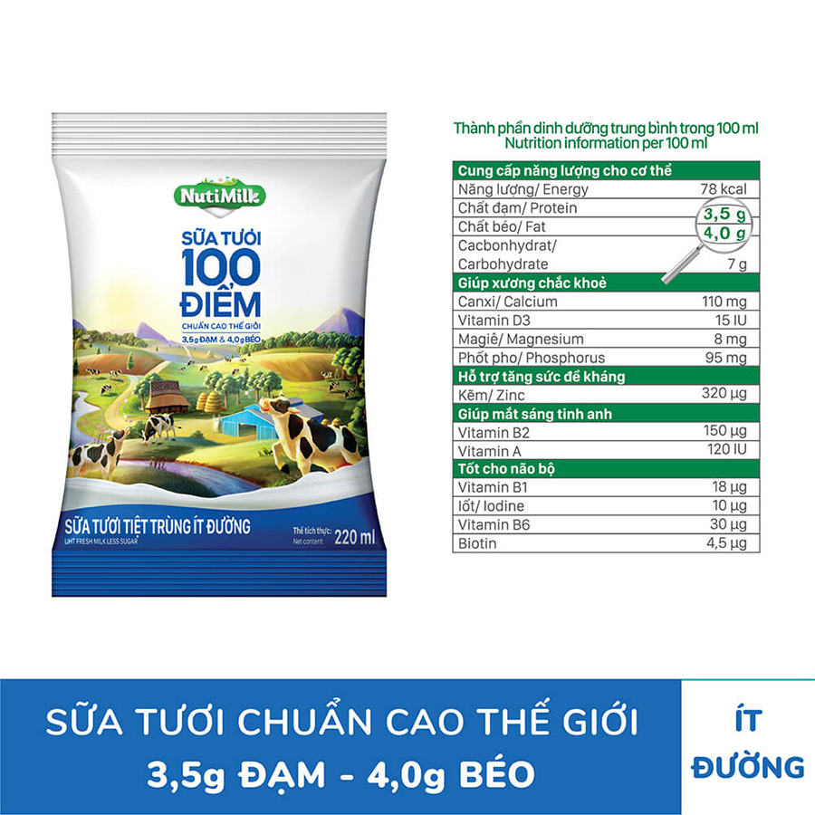 Thùng 48 bịch Nutimilk Sữa tươi 100 điểm Ít đường 220ml