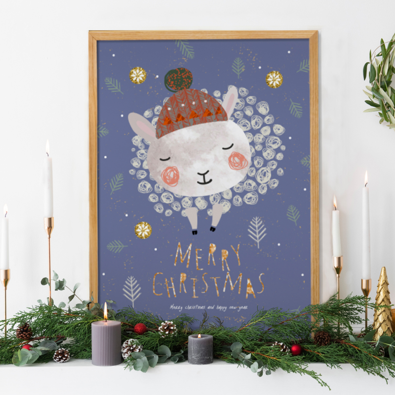Tranh quà tặng Noel trang trí khung kính gỗ sồi treo tường cao cấp"Christmas Sheep"