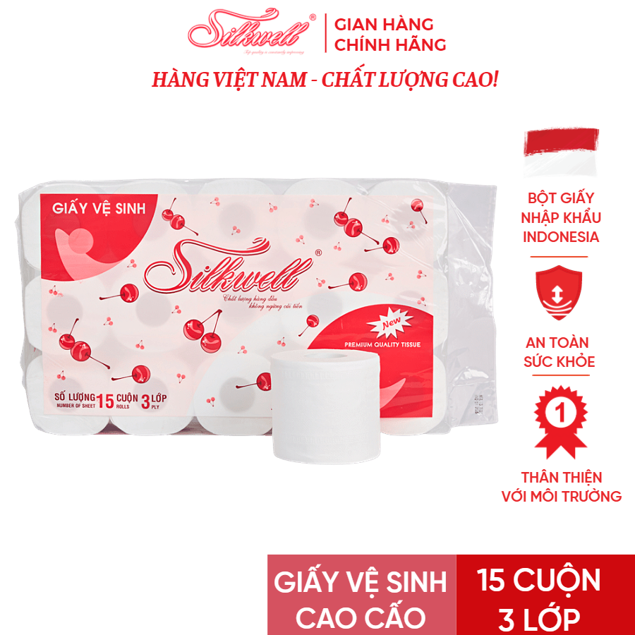 Giấy vệ sinh Silkwell Cherry 15 cuộn 3 lớp có lõi cao cấp, giấy vệ sinh siêu mềm mịn không tẩy trắng hàng chính hãng