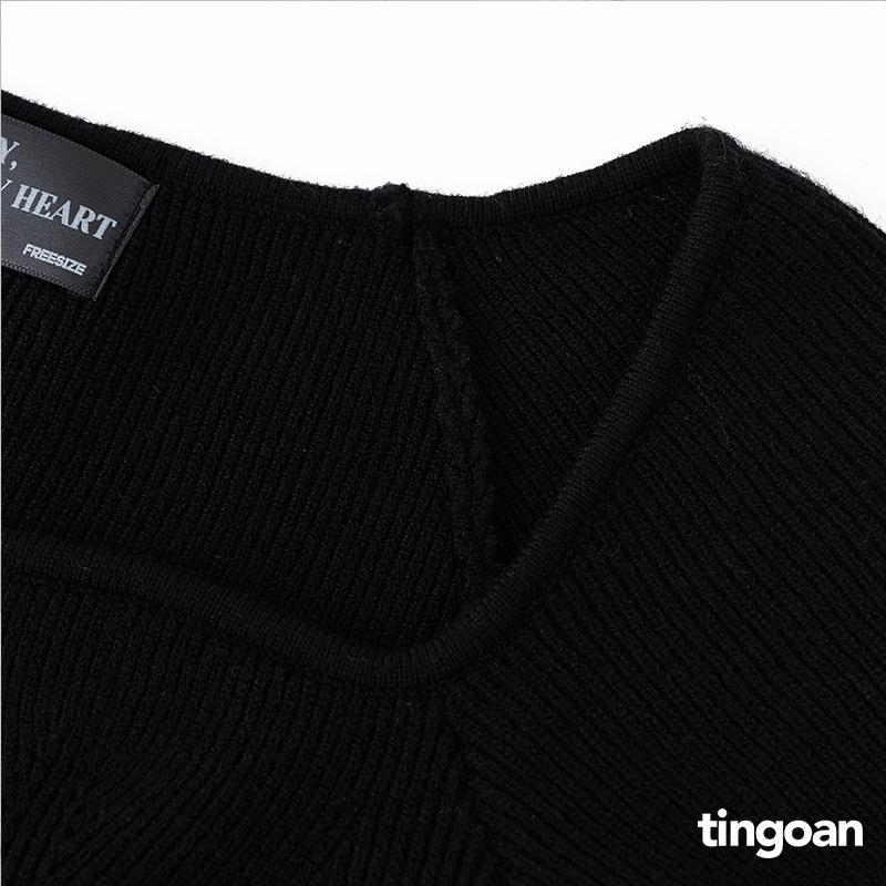 Áo len ngắn tay cổ lượn viền trắng tingoan MAKE LOVE TOP/WH