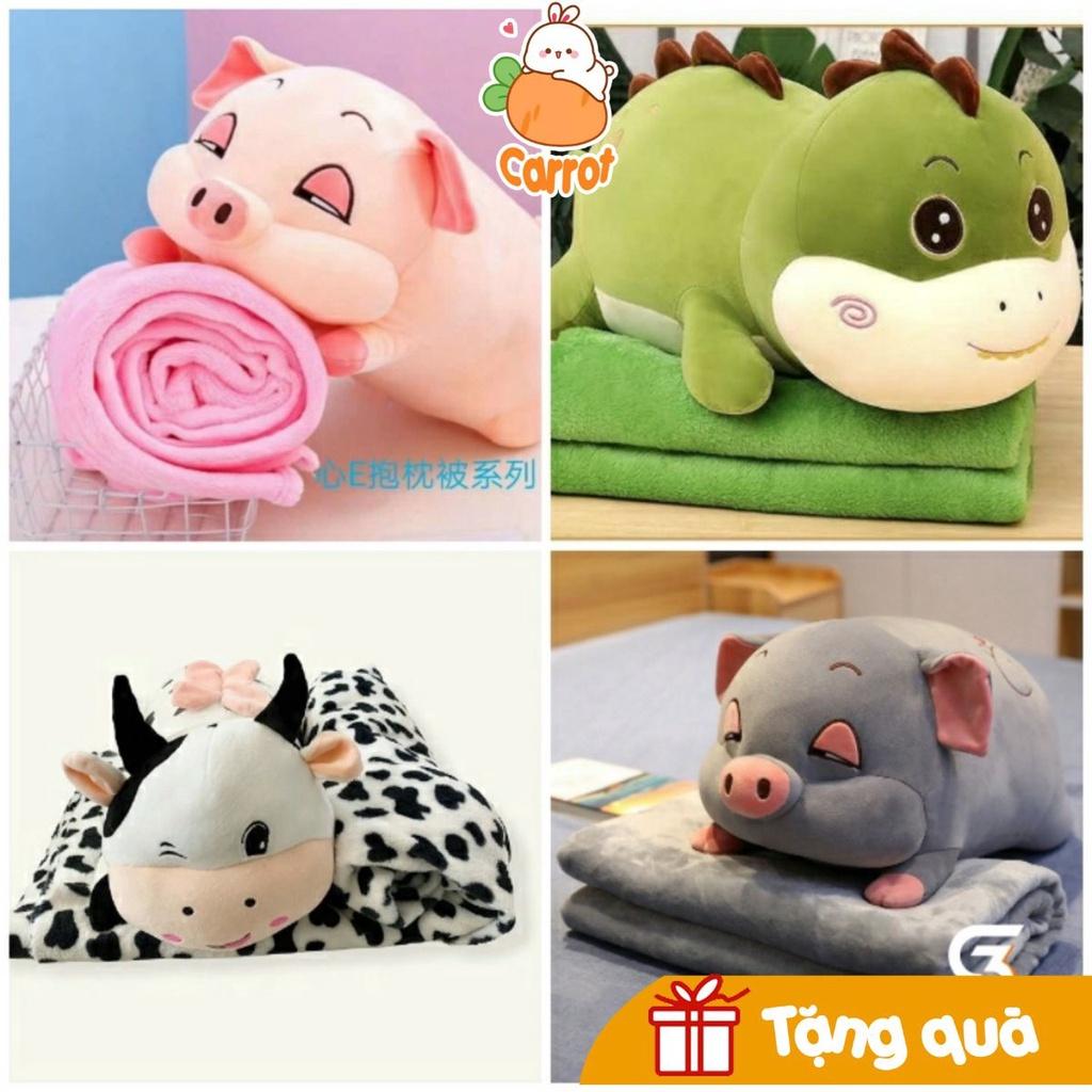 Bộ chăn gối văn phòng gấu bông Heo phê cần, khủng long, hà mã, xinh siêu đáng yêu