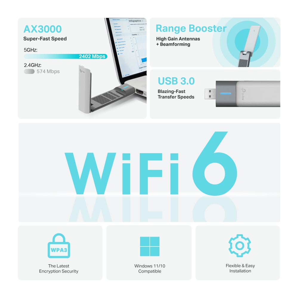 USB WIFI 6 TP-Link Archer TX50UH | AX3000 2 băng tần 2.4 &amp; 5.0 Ghz | Chơi game ổn định | Dễ cài đặt | Bảo hành 2 năm | Hàng Chính Hãng
