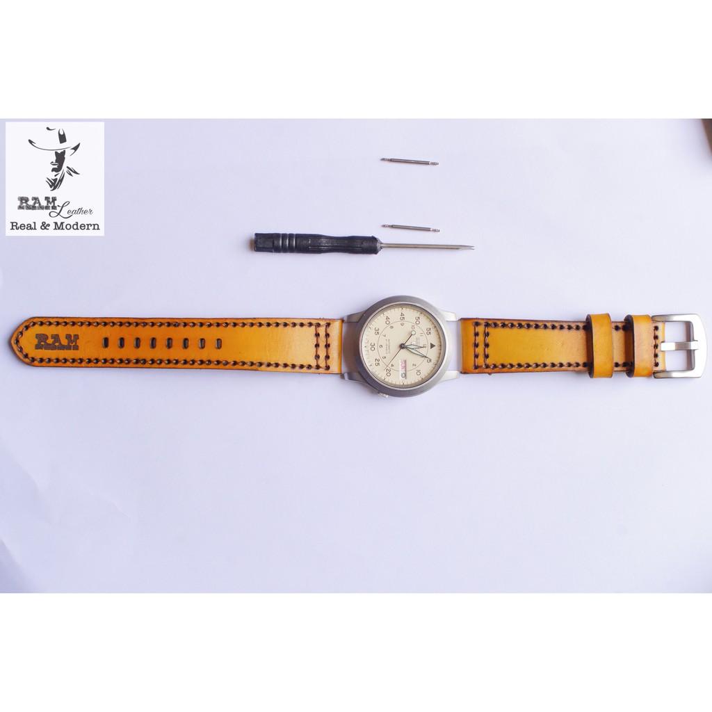 Dây đồng hồ da bò vegtan thảo mộc RAM Leather Pilot màu vàng - tặng khóa chốt và cây thay dây