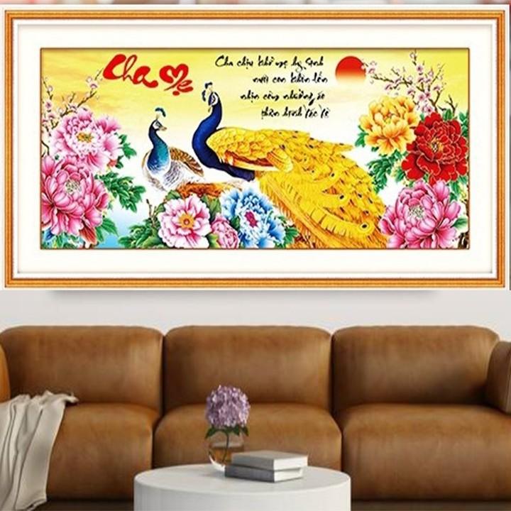 Tranh thêu cha mẹ công vàng hoa mẫu đơn LV3134 - kích thước: 92 * 43cm.
