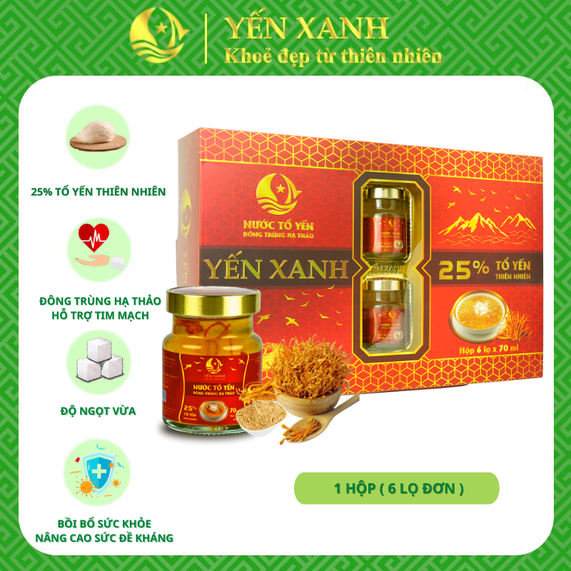 TỔ YẾN CHƯNG ĐÔNG TRÙNG HẠ THẢO - YẾN XANH - HỘP 6 LỌ