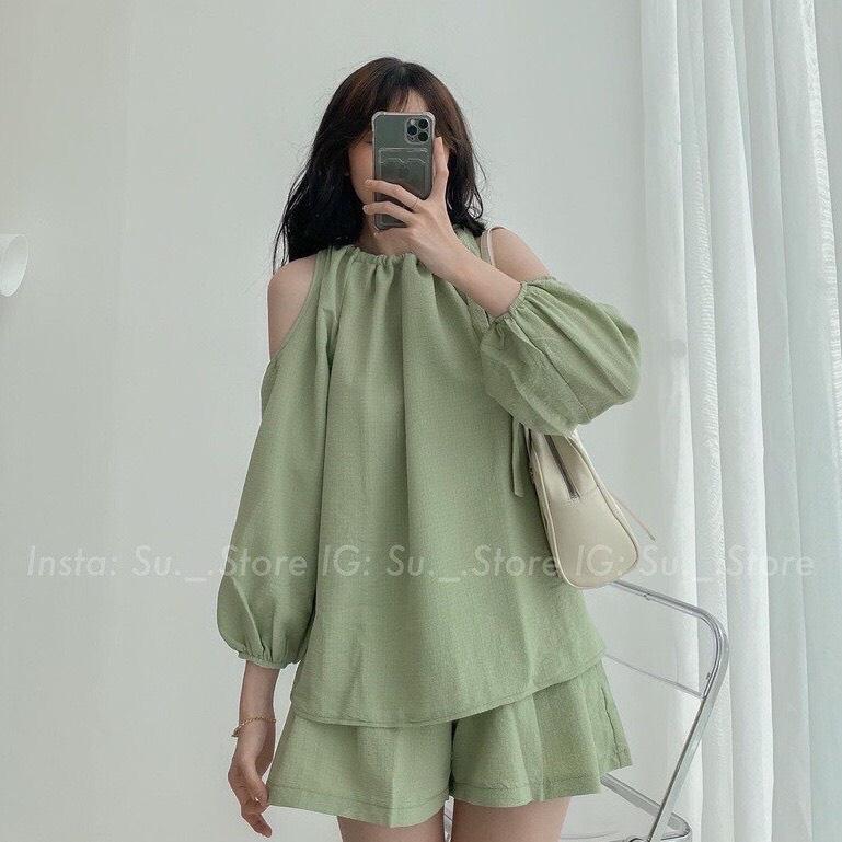 Set áo dài tay đũi hở vai thắt nơ phối quần short cạp chun be xanh mint đi biển đi chơi siêu xinh