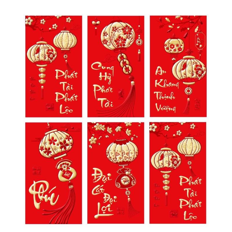 Set 6 phong bao lì xì tết đỏ thắm, chất đẹp, phong cách truyền thống
