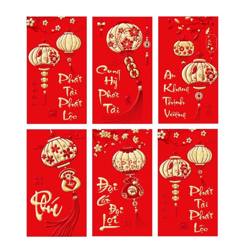 Set 6 phong bao lì xì tết đỏ thắm, chất đẹp, phong cách truyền thống (giao mẫu ngẫu nhiên)