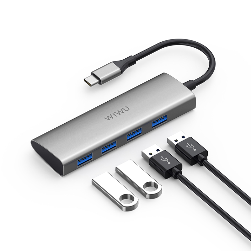 Hub type C chia cổng đa năng 4 in 1 từ Type-C ra 4 USB-A 3.0 hiệu Wiwu Alpha A440 cho Macbook / Laptop trang bị cổng Type C thunderbolt 3 - hàng nhập khẩu