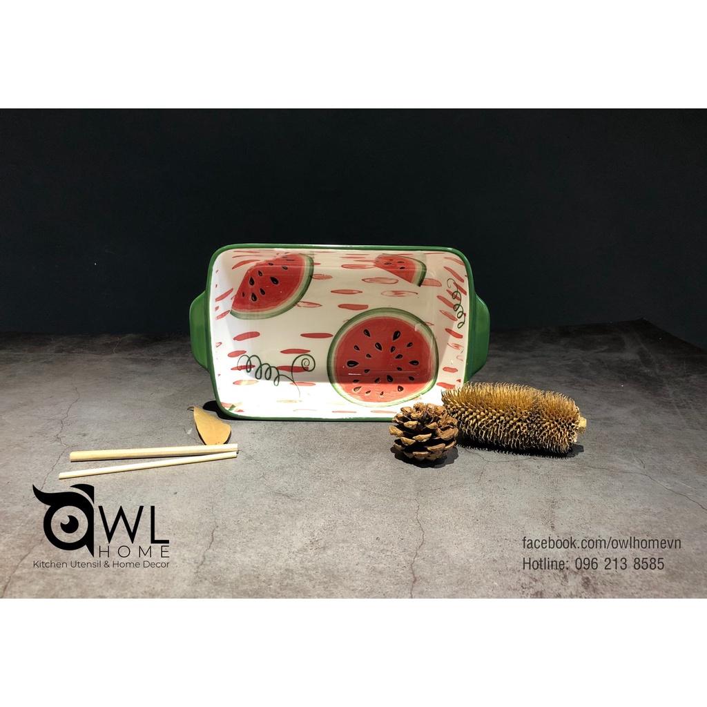 Thố chữ nhật họa tiết trái cây banana/water melon ceramic