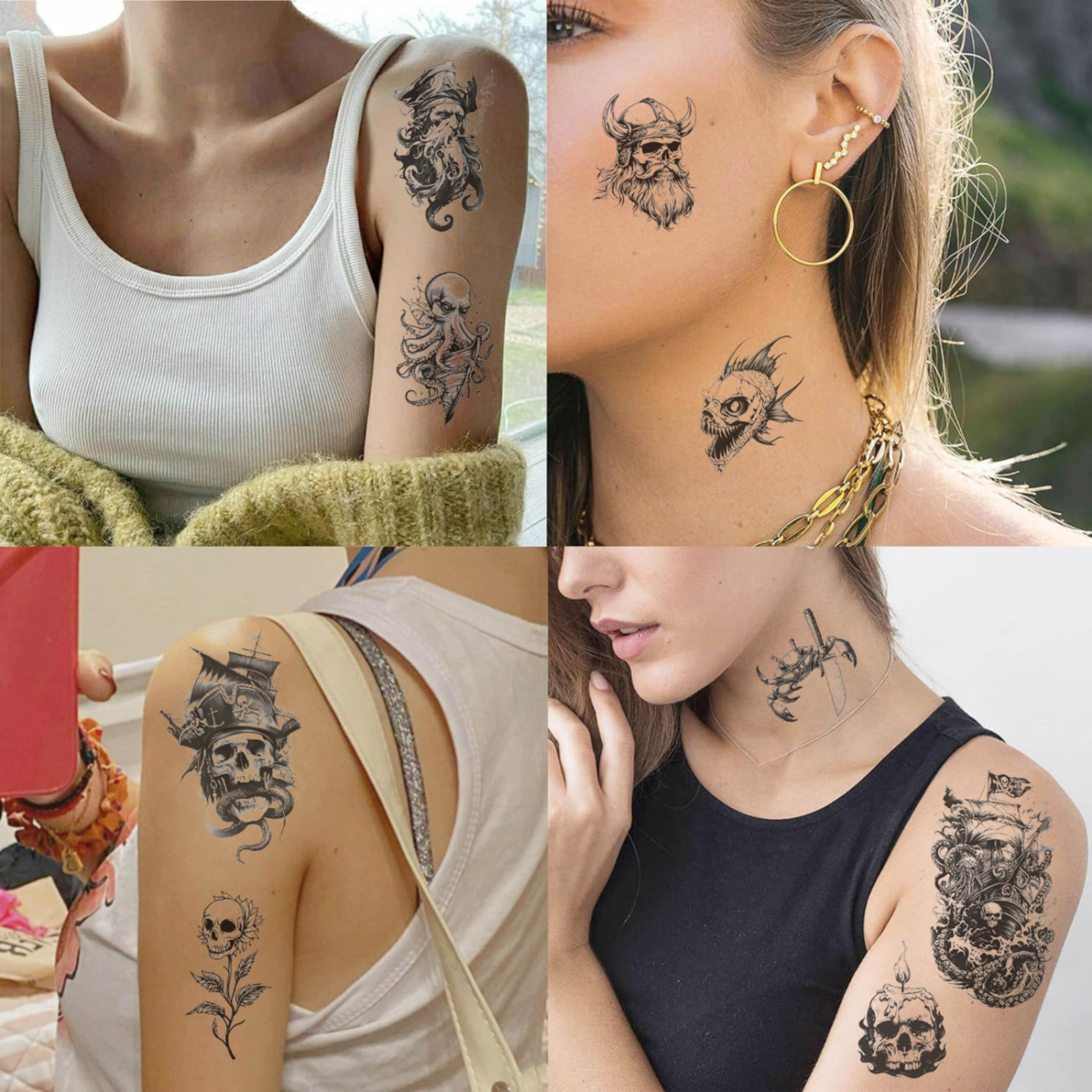 Set 10 Tờ Hình Xăm Dán Tattoo Kinh Dị Hoá Trang Halloween Hình Cướp Biển Cá Mập Đầu Lâu Kiếm Hải Tặc