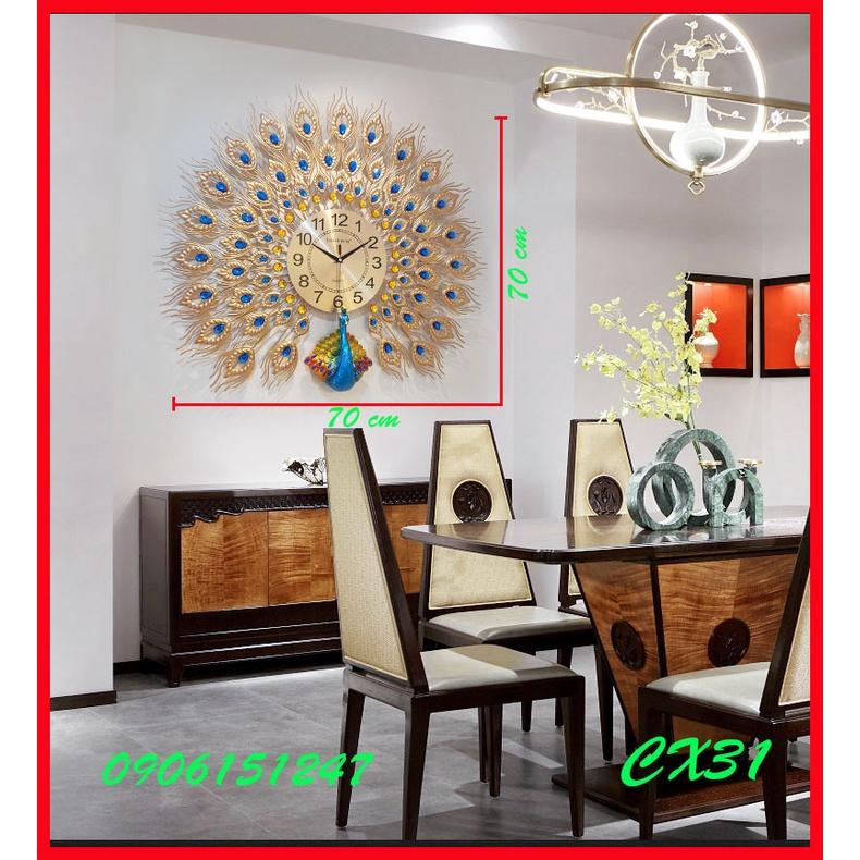 Đồng hồ treo tường trang trí decor chim công CX31 Khổng Tước vàng kích thước 70 x 70 cm