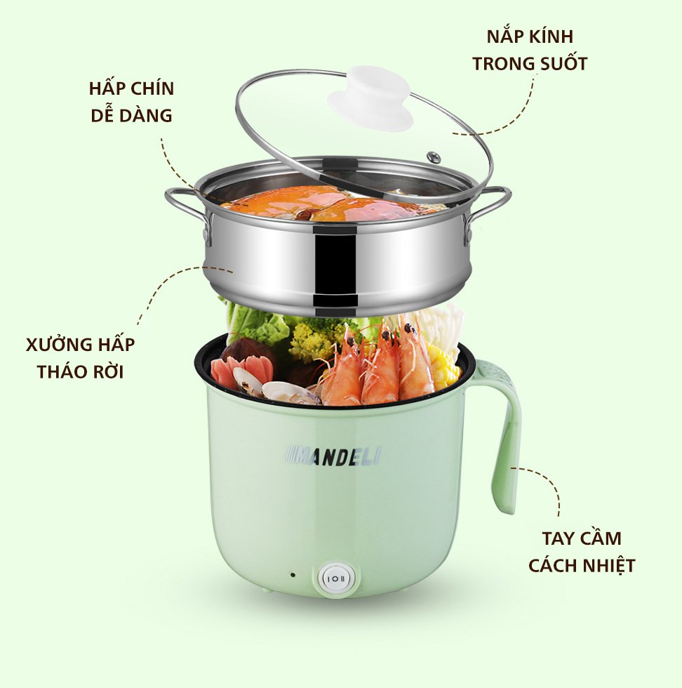 Ca Nấu Mì, Nấu Cơm Đa Năng Có Tay Cầm 1.8L, Ca Nấu Mì Mini Kèm Giá Hấp Inox Chất Lượng Cao