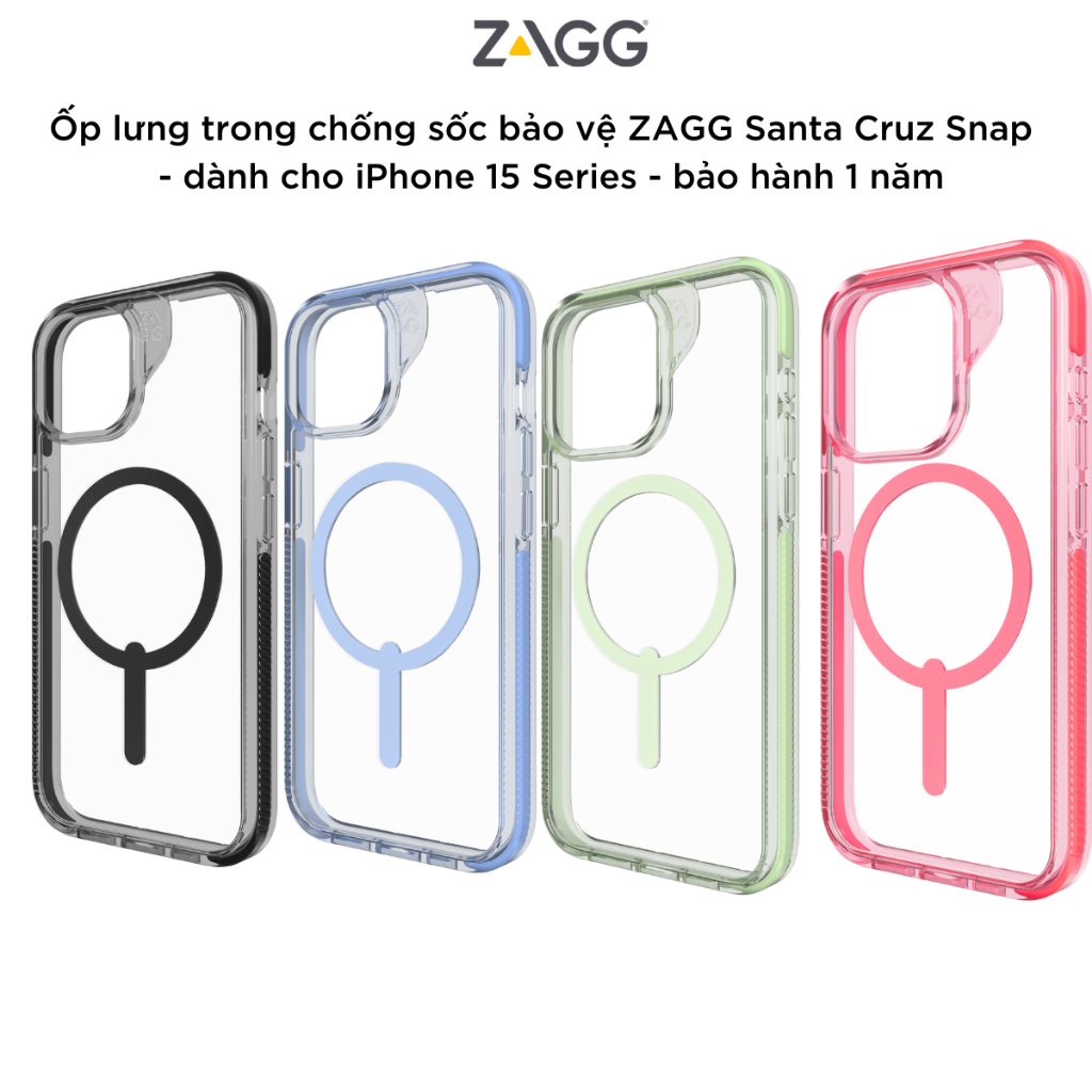 Ốp lưng trong chống sốc bảo vệ ZAGG Santa Cruz Snap, có Snap tương thích sạc không dây cho iPhone 15 Series - Hàng chính hãng
