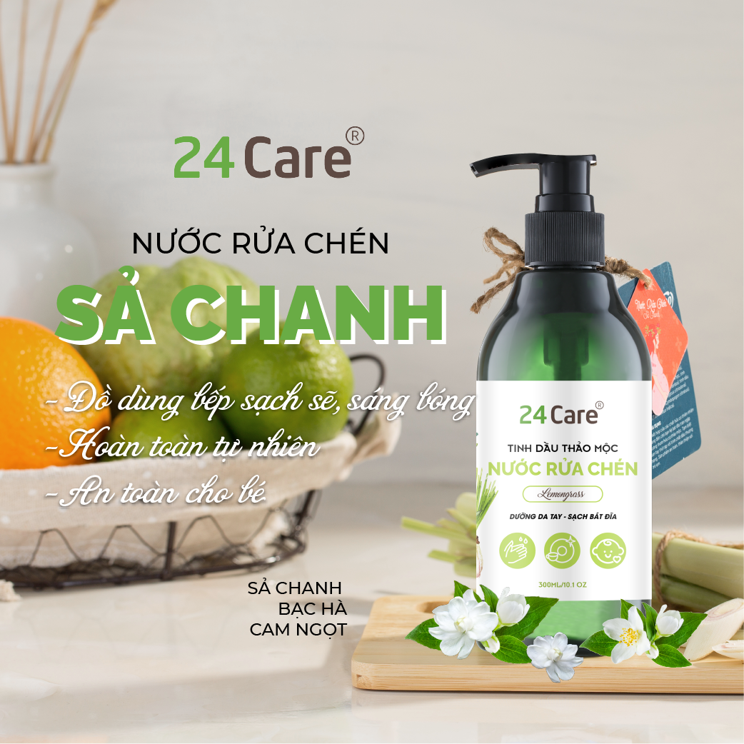 Nước Rửa chén hữu cơ trẻ em 24Care - Hương thảo mộc thiên nhiên Sả chanh/ Bạc hà/ Cam ngọt - Đuổi muỗi và côn trùng - Thơm nhẹ diệt khuẩn loại bỏ vết bẩn cứng đầu