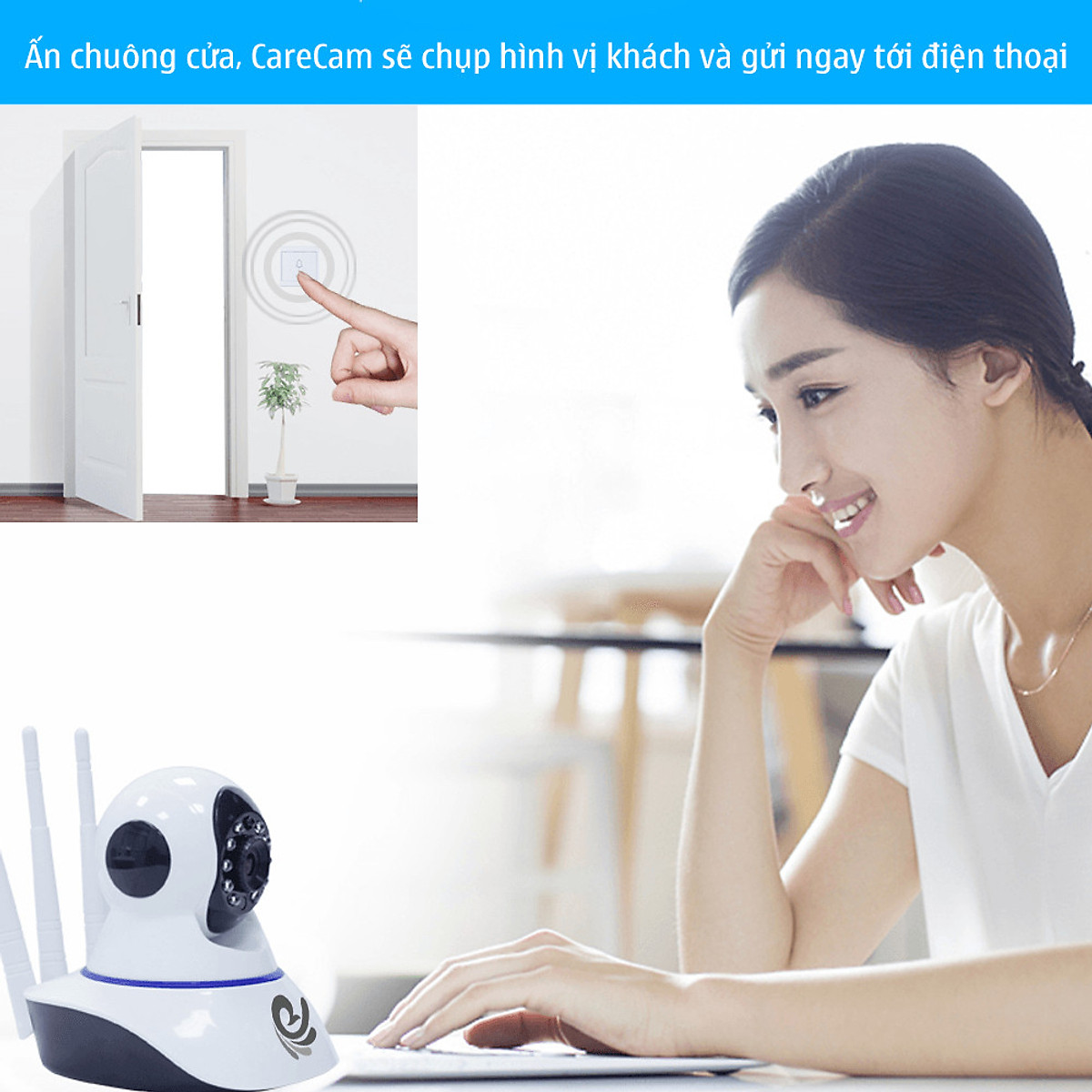 Camera IP, Wifi Trong Nhà Carecam  XFL200 (3 Anten Siêu Nét 2.0 Full HD 1920x1080p) + Thẻ nhớ 32G - Hàng Nhập Khẩu