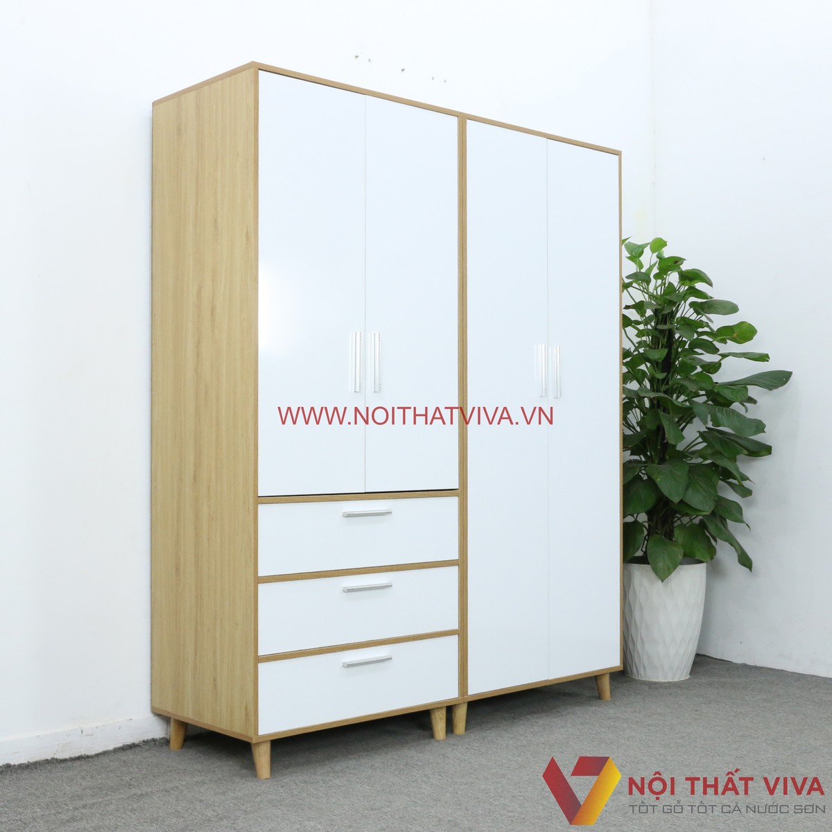 Tủ Quần Áo Lắp Ghép Gỗ MDF Màu Vàng 4 Cánh Sơn Trắng 2K Đẹp Hiện Đại