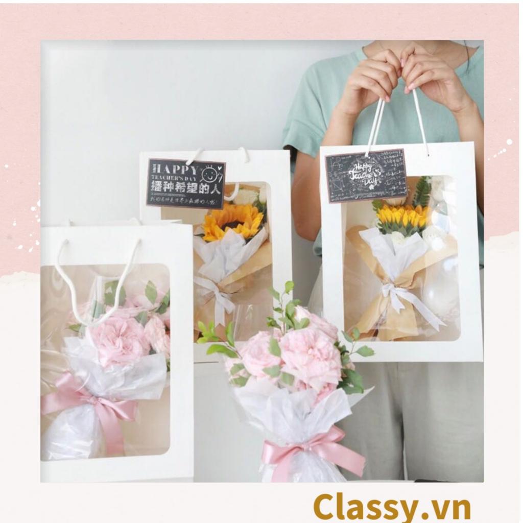 Túi giấy Classy hồng trong suốt kích thước 25x15x35CM dùng làm quà tặng đựng hoa, đựng gấu bông Q1404