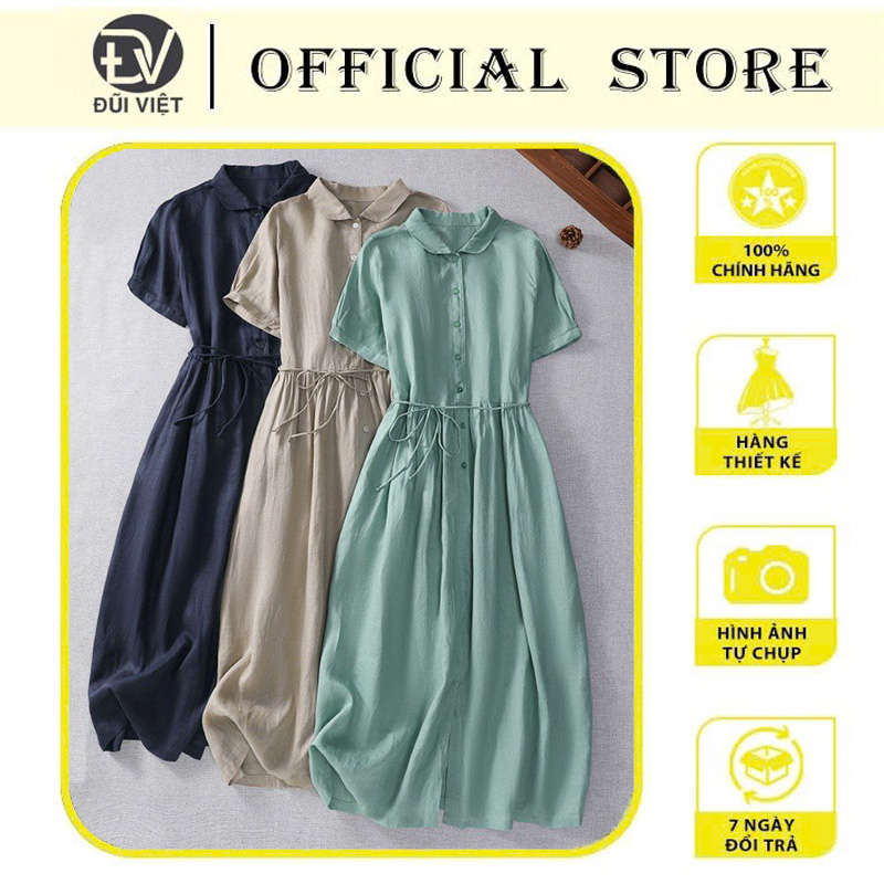 Đầm Linen Nữ Form Suông Cổ Sen, có dây buộc eo, thoáng mát Da216