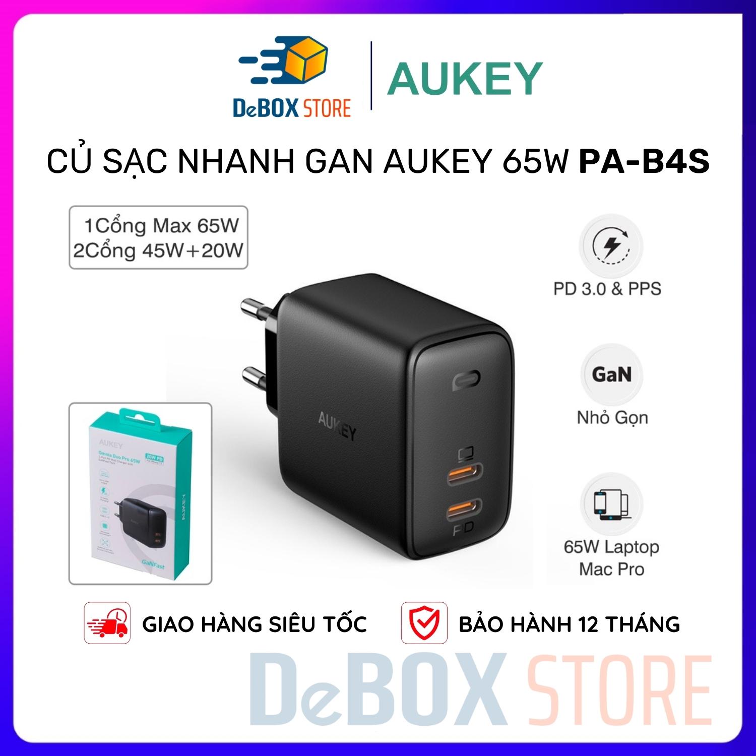 Củ sạc nhanh AUKEY PA-B4S 65W (Trắng) PD/PPS 3.0 QC 4.0 45W 20W 2 in 1 cho Mac/laptop/iP/iPad/Android - Hàng Chính Hãng