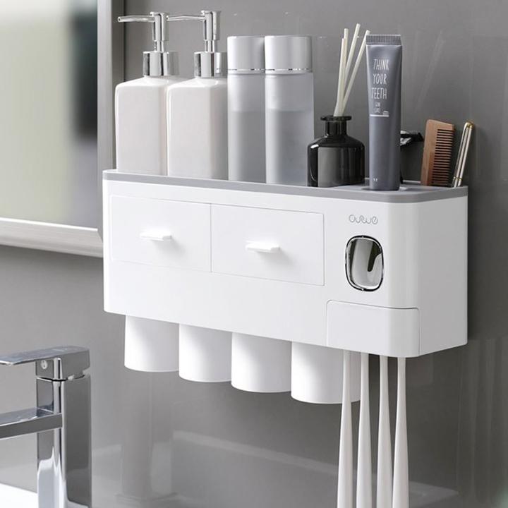 Kệ Treo Bàn Chải Nhả Kem Đánh Răng 4 Cốc 2 Ngăn Kéo Đa Năng Dán Tường Cao Cấp