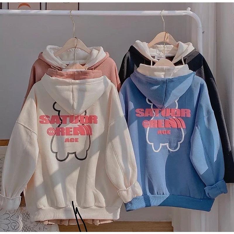 Áo khoác hoodie form rộng, Áo khoác chống nắng in hai mặt Gấu