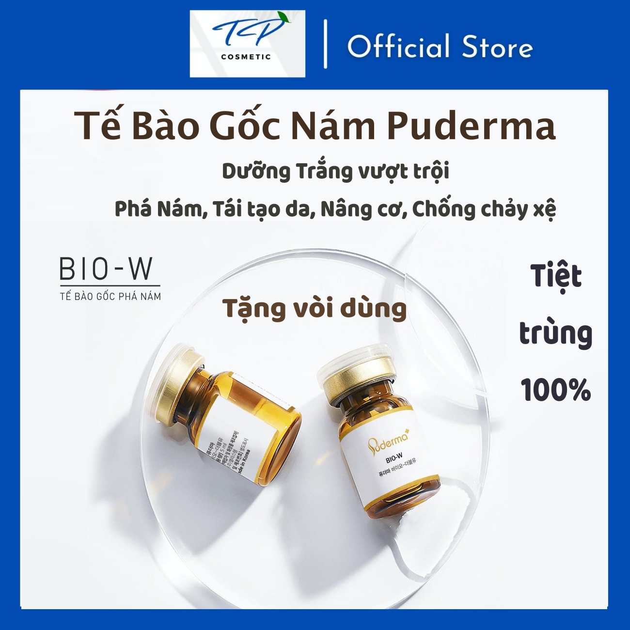 Tế Bào Gốc Tan Nám BIO-W Puderma: giúp trẻ hoá, tăng sinh tế bào, tăng sinh lượng lớn HA tự thân, Glutathione tự thân, tăng sinh Collagen, Elastin và Keratin, trả lại một làn da trắng sáng, căng bóng, mờ nám nếp nhăn, săn chắc, đàn hồi.