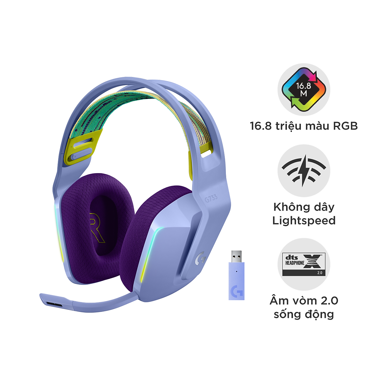 Tai nghe game không dây Lightspeed Logitech G733, RGB Lightsync, màn loa Pro-G, Mic Blue Voice -Hàng chính hãng