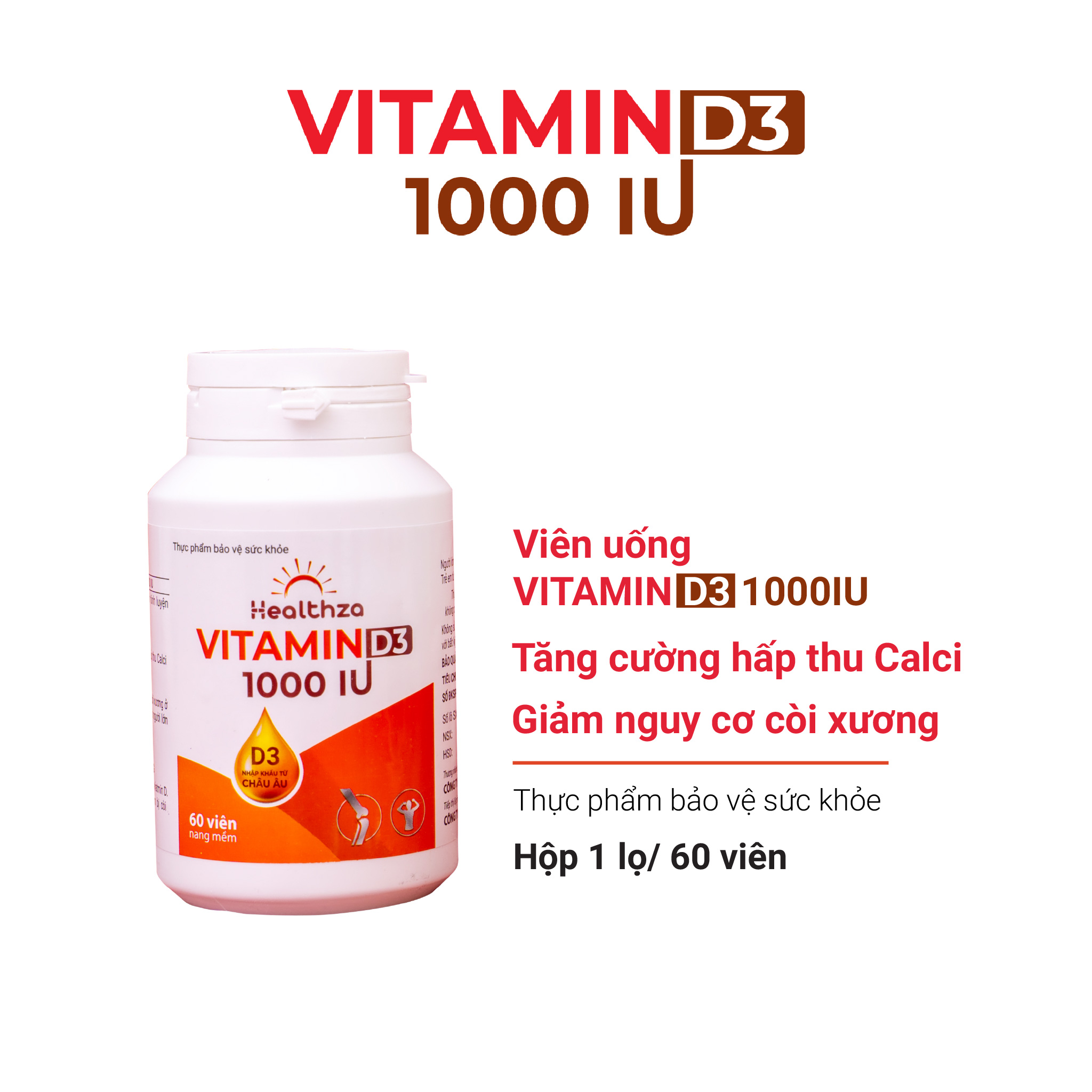 Viên uống Healthza Vitamin D3 1000 IU hộp 01 lọ/60 viên