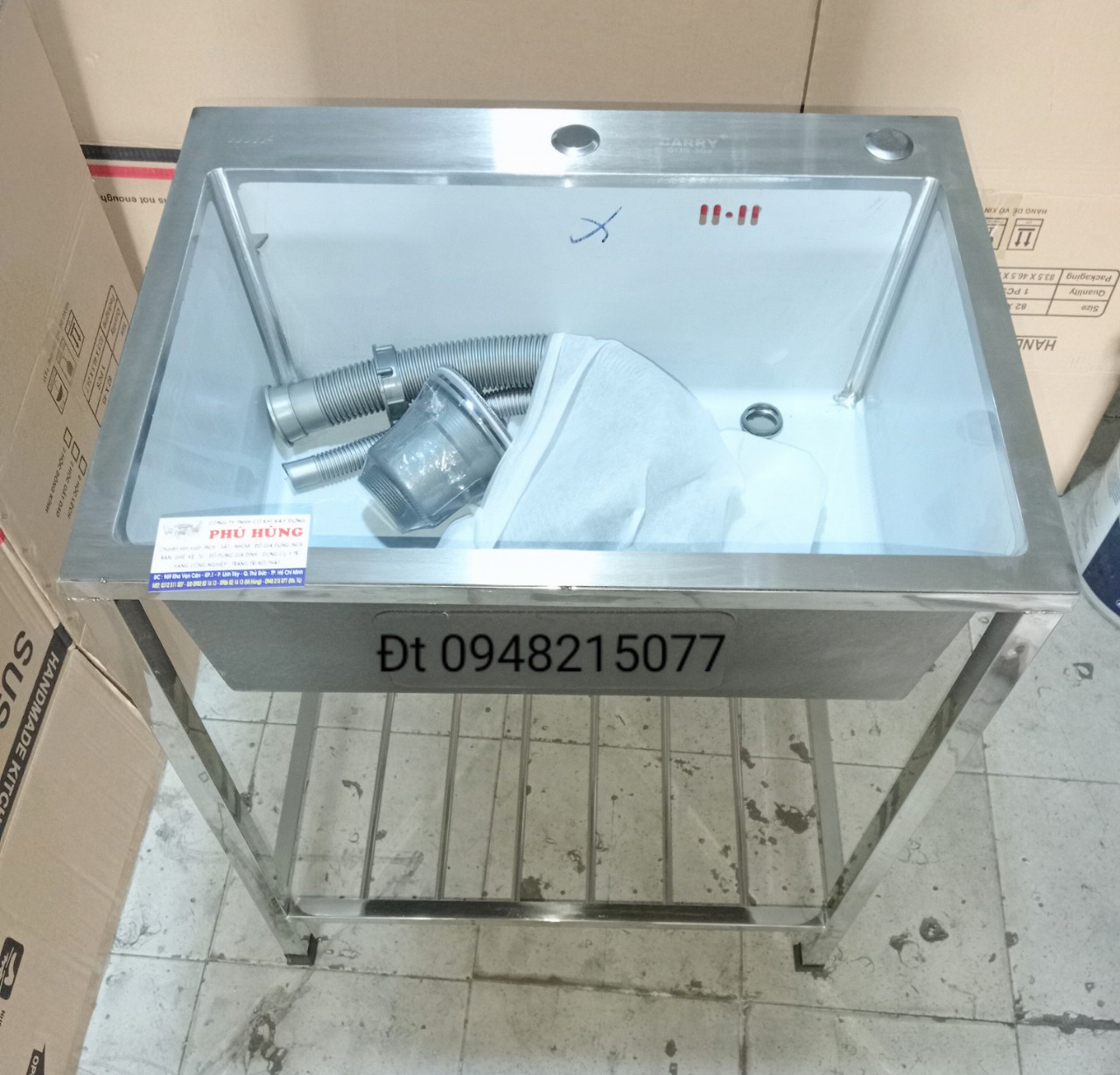 CHẬU RỬA CHÉN INOX ĐÚC 304 - 1 HỘC CÓ CHÂN KT 60x45x78 DxRxC