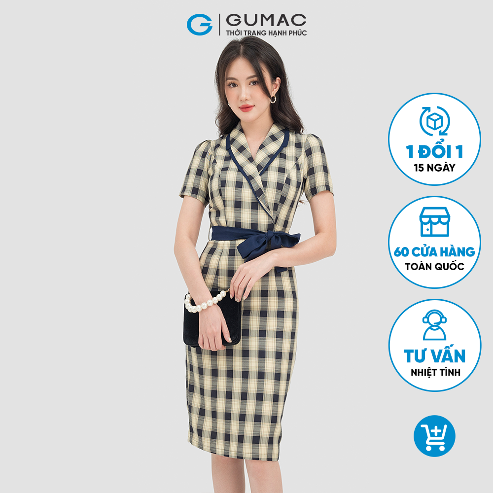 Đầm dáng ôm nữ GUMAC DC07018,sọc ca rô cổ vest phối nơ sang trọng